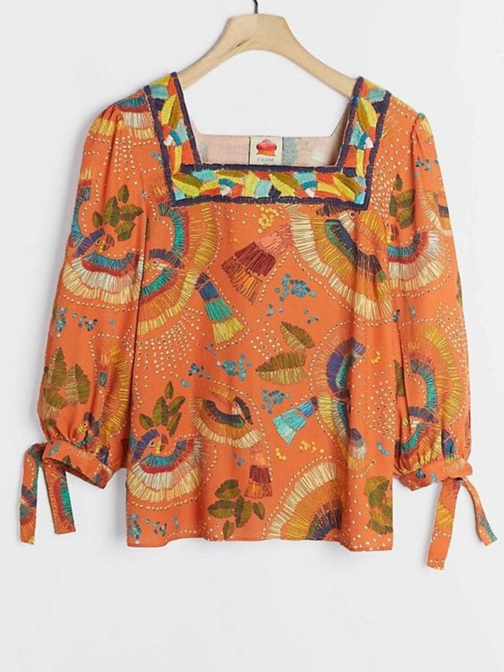 Farm Rio x Anthropologie Bianca Tropical Bird Blouse Orange Embroidered Small